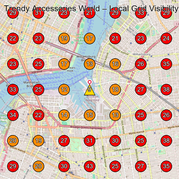 Trendy Accessories World GeoGrid visibility map for Leather Goods Manufacturer in Brooklyn